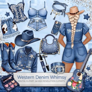 Moda denim, stile cowgirl, abbigliamento western, clipart di jeans, stile rodeo, stivali da cowboy, dettagli con frange, moda country, cappello da cowgirl
