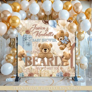 Sfondo per baby shower con orsetto di peluche, baby shower boho con orso, baby shower con orsetto che non vediamo l'ora