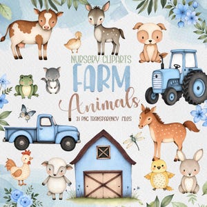 Watercolor Cute Farm Clipart, Farm Animals Watercolor Digital Clipart, Farm Animals