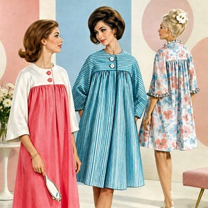 Vintage 1965 – Modisches Hauskleid für Mütter – Schnittmuster – Zwei Varianten – Farbblock-Option – Locker sitzender Morgenmantel – Schnell und einfach zu nähen – Größe 10–12 – Selten