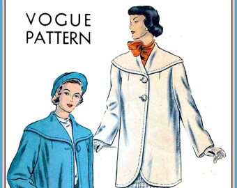 1940s-VOGUE CAR COAT-Sewing Pattern-Two Styles-Dramatic Shawl Collar-Tailored-Welt Pockets-Easy Loose Fit-Lined-Size 14-Mega Rare