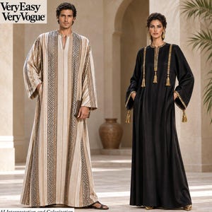 May include: A beige and brown striped thobe with long sleeves and a V-neckline alongside a black floor-length kaftan featuring gold embroidered trim, long sleeves, and decorative gold tassels hanging from the neckline and sleeve cuffs.