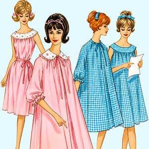 May include: An illustration of four dresses. Two are solid pink with white collars featuring small floral patterns and waist ties. Two are blue and white gingham dresses, one with three-quarter sleeves and a tie neck, the other sleeveless with a wide collar.
