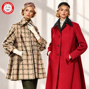1951-SWAGGER COAT-Two Styles-Print-At-Home-Sewing Pattern-Wing Collar-Flare Back-Deep Cuffs-Welt Pockets-Lined-Instant Download-Size 14-22