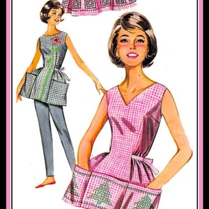 Puede incluir: Dos ilustraciones de mujeres que llevan delantales de vichy rosa y blanco con detalles bordados en verde. Los delantales tienen bolsillos y lazos. Un delantal tiene un diseño de flor y el otro un diseño de árbol.
