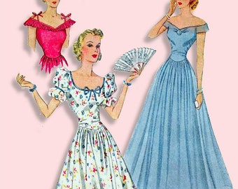 Vintage 1938-VERTRÄUMTES ABENDKLEID-Schnittmuster-Drei Styles-Schöne Mieder-Ärmel Variationen-Tropfen Taille-Fließender Rock-Größe 16-Mega Rare