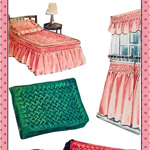 Könnte beinhalten: Eine Vintage-Illustration, die verschiedene Arten von Kissen und eine Bettdecke zeigt. Die Kissen sind in verschiedenen Farben und Texturen gehalten, darunter Grün, Rot und Braun. Die Bettdecke ist rosa mit einem gekräuselten Rand.