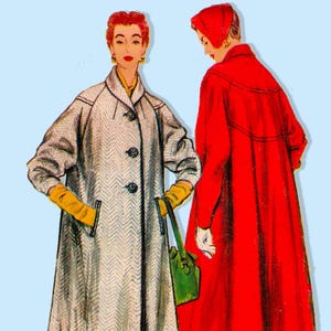 May include: Vintage illustration of two women in coats. One woman wears a light gray coat with a herringbone pattern, yellow gloves, and a green purse. The other woman is in a red coat. Both wear heels.