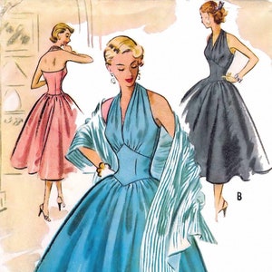 Suknia Hollywood Glam z 1952 roku – wykrój do szycia – seksowny, głęboki dekolt w serek, gorset typu halter, wycięty w talii – sukienka koktajlowa – rozmiar 12 – bardzo rzadka
