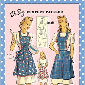 May include: Vintage sewing pattern for a blue and white gingham apron with a ruffled trim. The pattern is called "Du Barry Perfect Pattern" and is for a small size. The pattern is easily made and costs 10 cents.