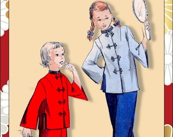 Vintage 1949-MANDARIN LOUNGING PAJAMAS-Girl’s Sewing Pattern-Chinese Coat-Mandarin Collar-Bell Sleeves-Frog Closure-Pants-Size 10-Rare