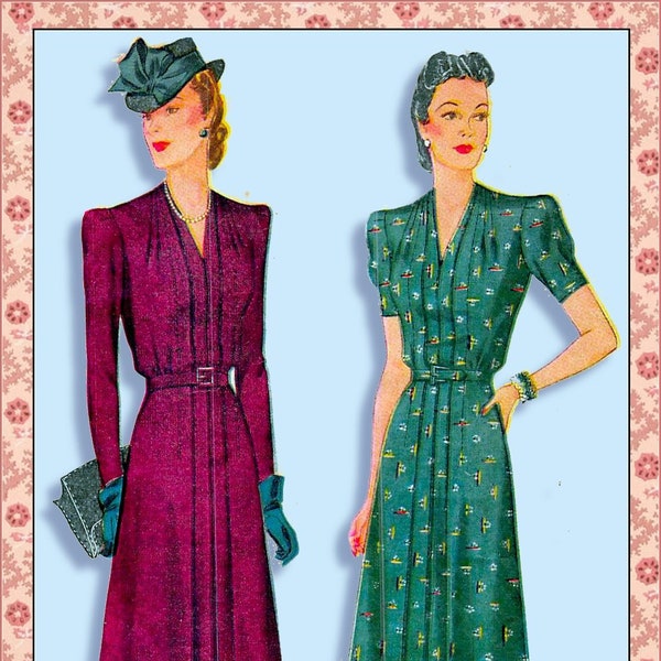 Vintage 1940-STYLISH AFTERNOON FROCKS-Sewing Pattern-Two Styles-V Neckline-Stitched Tucks-Six Piece Skirt-Sleeve Options-Size 20-Rare