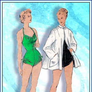 May include: Two women wearing swimsuits. The woman on the left is wearing a green swimsuit with a ruffled neckline. The woman on the right is wearing a white jacket over a black swimsuit. Both women are standing on a blue and white background.