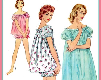 Vintage 1955-BABY DOLL NIGHTGOWN-Bloomers-Sewing Pattern-Three Styles-Easy to Make-Very Loose Fitting-Lace-Bows Trimmings-Size 12-Rare