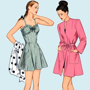 May include: A green and white striped sundress with a ruffled neckline and a matching white polka dot wrap, alongside a pink long-sleeved coat with a tie waist and two front pockets, both paired with simple flat sandals on a light blue background.