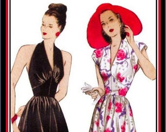 1947-BOMBSHELL HALTER DRESS-Sewing Pattern-Two Styles-Shaped Midriff-Flared-Gathered Skirt-Uncut- Size 6-12