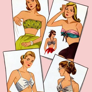 May include: Vintage fashion illustrations of women's swimwear. The images depict various bikini tops and skirts in different styles and colors, including green, pink, black, and white. The illustrations are on a pink background.