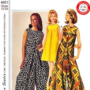 May include: Vintage sewing pattern reproduction for a jumpsuit with three different styles. The pattern is for sizes 12-20. The pattern includes a polka dot jumpsuit, a yellow dress, and a plaid jumpsuit.