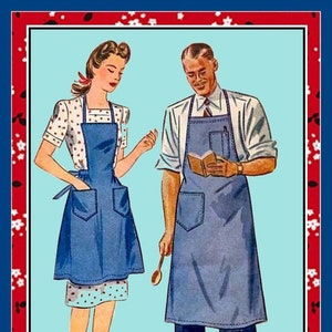 May include: A vintage sewing pattern for a blue denim apron with pockets. The pattern is for both men and women and includes instructions for making the apron. The pattern number is 8151.