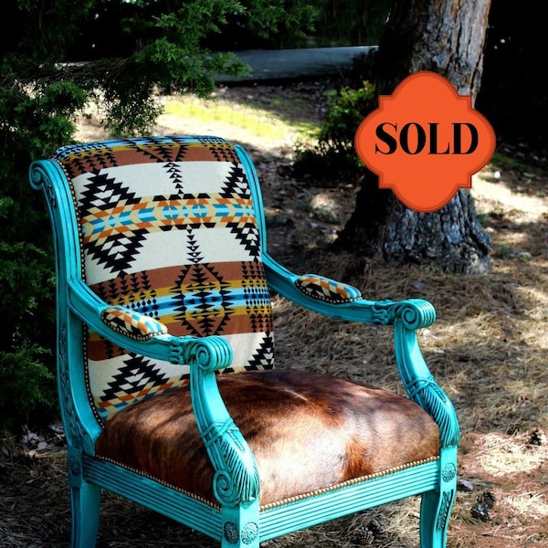 SOLD-WESTERN ARMCHAIR-Blanket Weight Wool-Tribal-South Western Style-Brazilian Cowhide-Antiqued Leather-Decorative Nails-Hardwood Frame