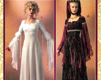 ROMANTIC REINAISSANCE GOWNS-Sewing Patterns-Two Styles-Flowing Juliet Sleeves-Fitted Empire Waist-Ribbon-Bows Trim-Uncut-Size 8-12-Rare