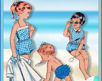 Vintage 1950s-ADORABLE TODDLER PLAYWEAR-Sewing Pattern-Romper-Bathing Suit-Beach Coat-Ruffle Bloomers-Great Retro Design-Size 1-Mega Rare