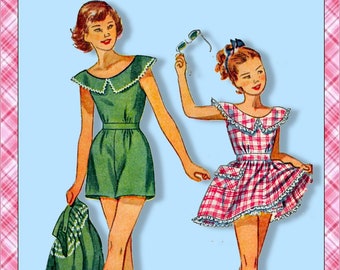 Vintage 1958-DARLING PLAYSUIT-ROMPER-Sewing Pattern-Two Styles-Twirl Skirt-Scoop Neckline-Rick-Rack Trim-Patch Pocket-Uncut-Size 12-Rare