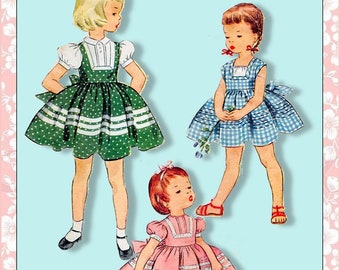 Vintage 1952-TODDLER TWIRL DRESS-Sewing Pattern-Three Styles-Shaped Bodice-Sleeve Options-Tie-Back Bow-Lace Trim-Embroidery-Size 2-Rare