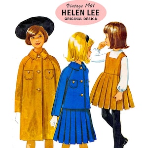 May include: A vintage 1961 Helen Lee original design illustration featuring three outfits. One is a mustard yellow coat with a black beret. Another is a blue jacket with a matching pleated skirt. The third is a mustard yellow jumper dress.