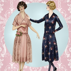May include: Illustration of two women in vintage dresses. One wears a pink dress with lace and a floral accent. The other is in a navy blue dress with a floral pattern. The background is a pink floral design.