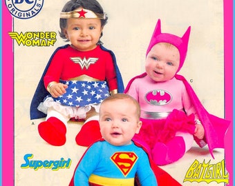 SUPER HERO BABIES-Costume Sewing Pattern-Super Girl-Wonder Woman-Bat Girl-Bodysuits-Capes-Boots-Tights-Panties-Appliqué-Baby-Uncut-Rare