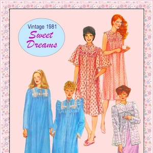 Könnte beinhalten: Vintage Illustration von 1981 mit mehreren langen Nachthemden und Roben in verschiedenen Stilen und Farben. Das Bild enthält den Text "Sweet Dreams" in einem hellblauen Oval. Die Nachthemden sind in Blau-, Rosa- und Lavendeltönen gehalten.