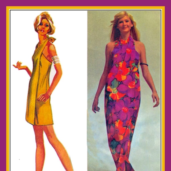 Vintage 1971-SEXY MOD COVER-Up-Sewing Pattern-Two Styles-Front Wrap-Halter Neckline-Mini-Ankle Lengths-Size 8-10-Rare