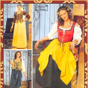 Puede incluir: Un patrón de costura con tres estilos diferentes de trajes de la época del Renacimiento. El patrón incluye un corpiño rojo y blanco con una falda amarilla, un corpiño amarillo con una falda amarilla y un corpiño verde con una falda negra. El patrón es de Andrea Schewe.