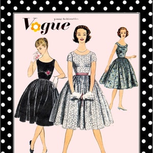 Vintage 1958-FLIRTY PARTY DRESS-Vogue Sewing Pattern-Four Styles-Built-Up Midriff-Gathered Twirl Skirt-Ribbon Trim-Size 12-Rare