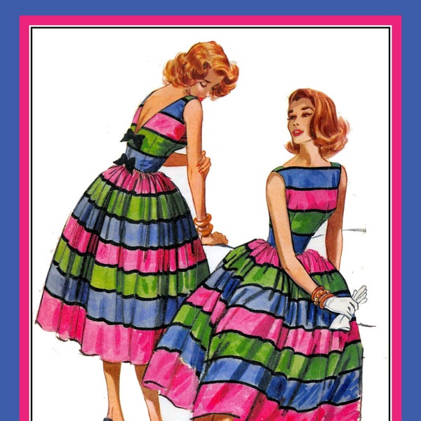 Vintage 1958-STUNNING PARTY DRESS-Sewing Pattern-Bateau Neckline-Full Gathered Flirty Twirl Skirt-Low V Back-Sleeveless-Bows-Size 16-Rare