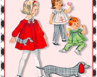 Vintage 1963-DACHSHUND SMOCK TOP-Toddler Sewing Pattern-Snap Pants-Tops-Loose Fitting-Rick Rack Trim-Appliqué-Rare