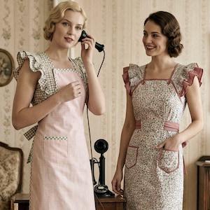 Vintage 1933-DARLING DECO DRESS & Matching Button–On Apron-Sewing Pattern-Three Styles-Ruffle Sleeve-Patch Pockets-Size 16-Rare-Collectible