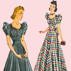 May include: Illustration of two vintage dresses. One is a dark gray gown with short, puffed sleeves and a detailed bodice. The other is a plaid dress in red, blue, and white, also with puffed sleeves. Both figures are holding small purses.