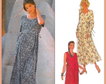 Vintage 1995- FARMHOUSE  BOHO DRESS-Sewing Pattern-3 Styles-Easy Loose Fit-Side Ties-Inverted Pleats-Maternity Dress-Uncut-Size 8-18-Rare