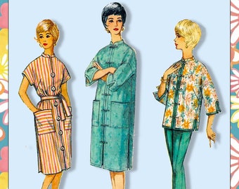 Vintage 1960s-ASIAN LOUNGE SET-Sewing Pattern-Robe-Top-Skinny Pants-Patio Dress-Mandarin Collar-Frog Closures-Loose Fit-Uncut-Size 18-Rare