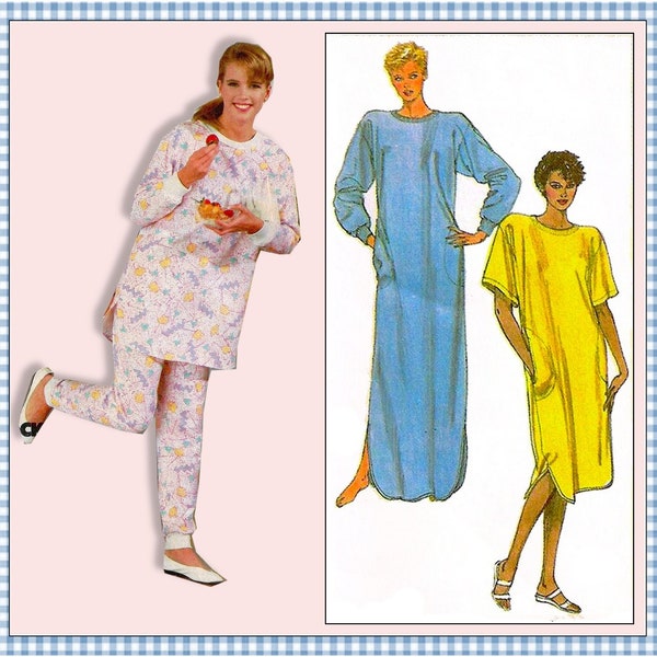 Vintage 1986-COZY COMFY SLEEPWEAR-Sewing Pattern-Long Knit Nightgowns-Sleeves Options-Pockets-Pajamas-Top-Pants-Uncut-Size 10-12-Rare