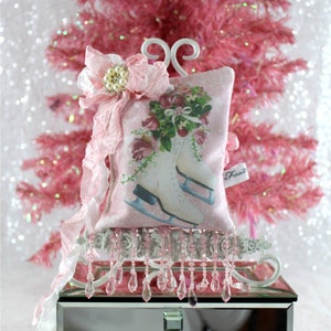 DOOR KNOB SACHET-Retro Ice Skates-Roses-Shabby Chic-Hand Printed on Silk-French Pink Ribbon-Beaded Pink Fringe Trim-Pearl Charm-Special Gift