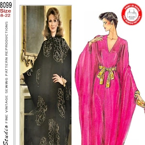 May include: Vintage sewing pattern showing two caftans. One is black with gold floral detailing, the other is a bright pink with a gold belt. The pattern includes sizes 8-22 and is a print-at-home PDF.