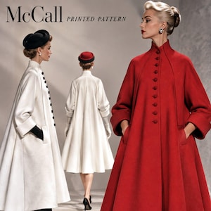 May include: McCall Printed Pattern featuring a flared coat with a high collar, long sleeves with cuffs, and a front button closure. The design is shown in solid red and white, with a full skirt silhouette, side pockets, and a structured fit.