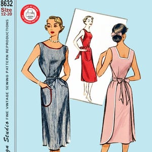 May include: A vintage sewing pattern reproduction 8632 for a sleeveless dress with a square neckline, waist tie, and pockets. The illustration shows a blue striped version and a solid pink version with white trim, sized 12-20, from the year 1951.