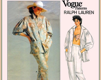 Vintage 1985-RALPH LAUREN-Vogue Designer Sewing Pattern-Loose Fitting Blouson Jacket-Patch Pockets-Pants-Featured in Vogue-Size 14-Rare