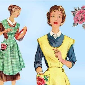 May include: Vintage illustration of two women wearing aprons. One woman is in a green gingham apron with a rose pocket, brown sleeves, and a white collar. The other woman is in a yellow apron over a blue top, with a rose-patterned purse. A pink rose is in the background.