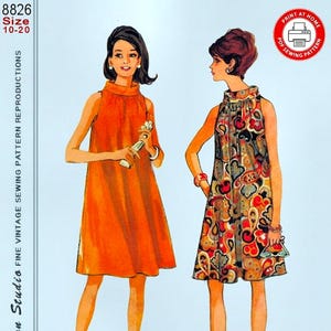 Könnte beinhalten: Illustration von zwei Frauen in Vintage-Kleidern. Ein Kleid ist orange, das andere mit roten, braunen und schwarzen Mustern. Das Bild enthält Text: "8826 Größe 10-20", "Print at Home PDF Sewing Pattern" und "Vintage 1967 Authentic".