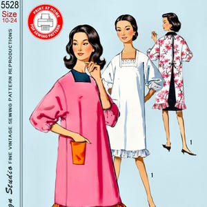 May include: Vintage sewing pattern reproduction featuring three women modeling dresses. The dresses include a pink dress with an orange pocket and trim, a white dress with a square neckline, and a floral robe. The pattern size is 10-24.
